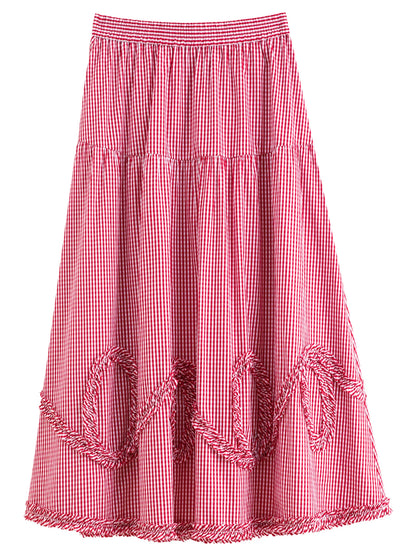 DUSHU Plaid Ruffled Hem Red Skirt Women 2026 Summer Relaxed Holiday Korean Style Loose-fitting Midi Skirt Age-reducing Citywalk