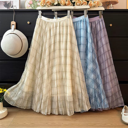 Retro Plaid Print Tulle Maxi Skirt for Women, Spring Summer High Waist Slim A-Line Pleated Midi Skirt, Flowy Ball Gown Style