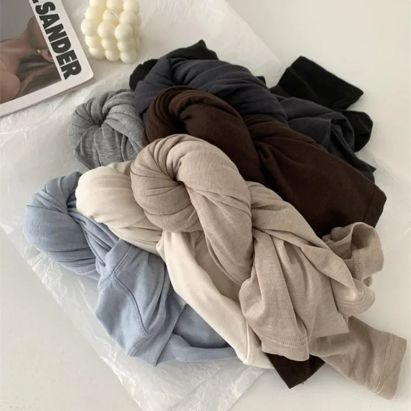 Silk Wool Splice Long Sleeve T-shirt Women Spring Summer Thin Soft Waxy Fit Solid Color Backing Top