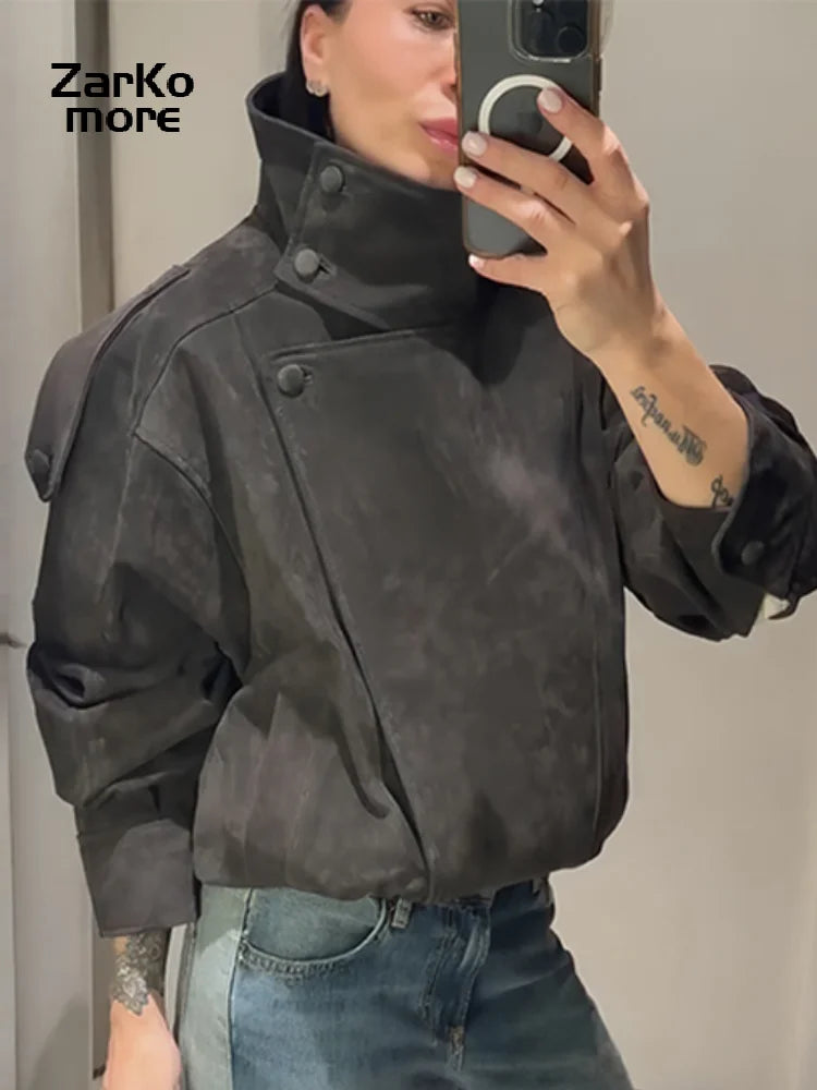 Fashion Dark Gray Suede Bomber Jacket Women Stand Collar Full Sleeve Oversize Asymmetric Street Coats 2026 Autumn Lady Jackets
