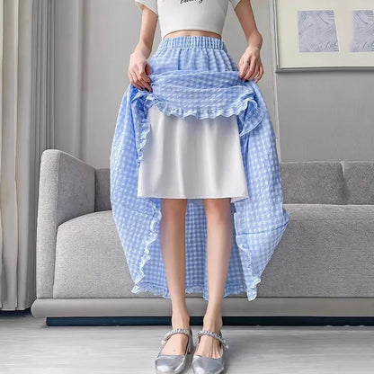 Spring Women Skirts Summer Casual Plaid Midi Skirts for Women Autumn High Waist A-line Cake Skirts Female College Girls Clothing
