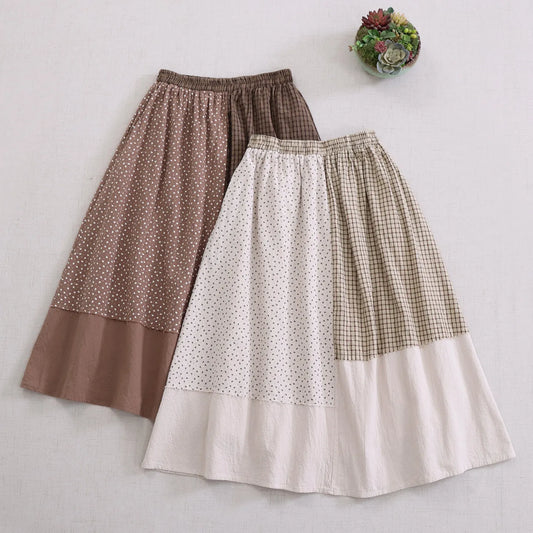 Japanese Vintage Mori Girl Floral Print Plaid Patchwork Cotton Skirts Women Autumn Elastic Waist Casual Loose A-Line Midi Skirts