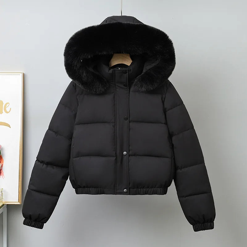 Short Coats Women Parkas Hooded Fur Collar Jackets Thick Warm Y2k Streetwear Elegant Jacket Work Coat Autumn Winter 2025