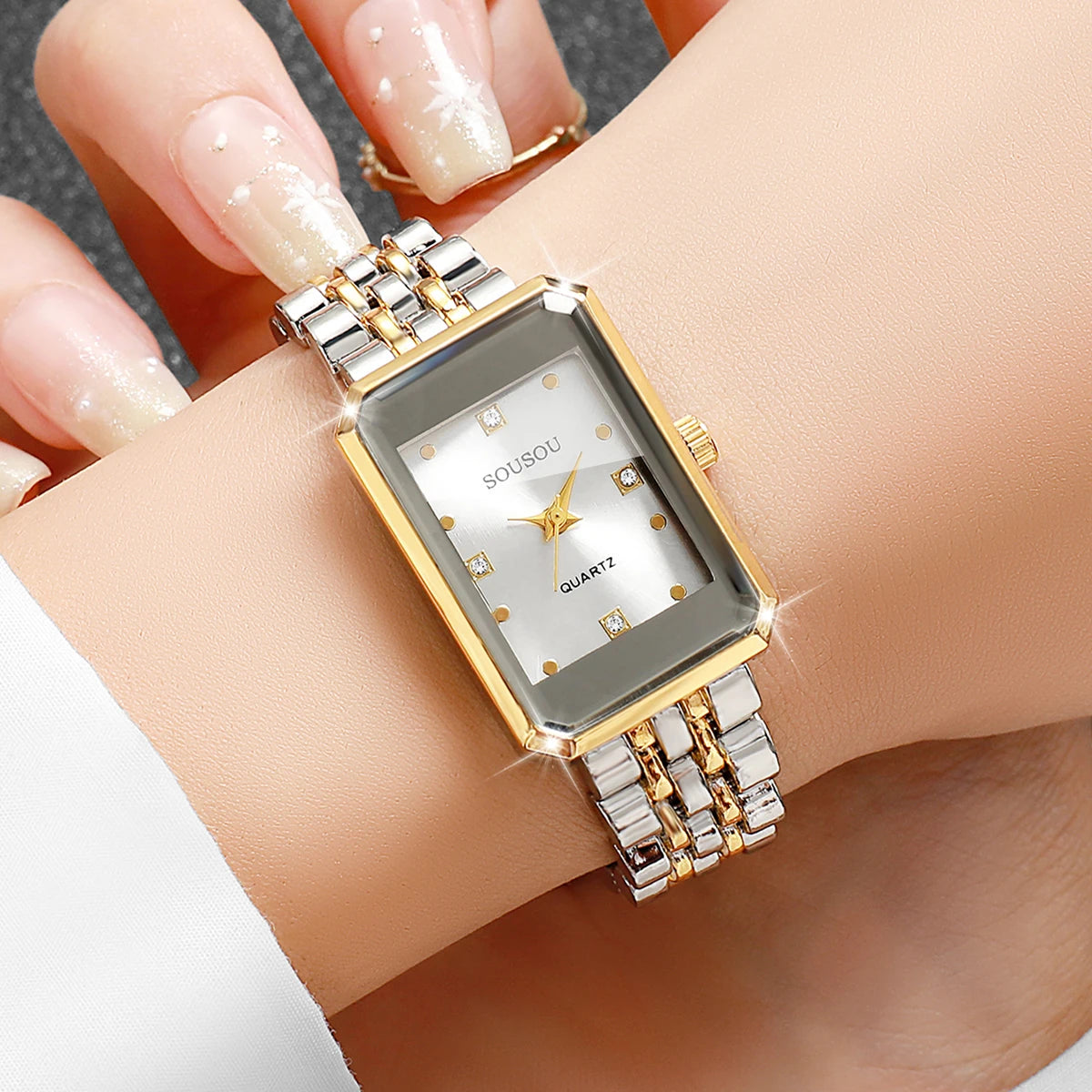 Fashion Rhinestone Rectangle Women Watches Stainless Steel Bracelet Ladies Dress Quartz Wristwatch Relogio Feminino（Without Box）