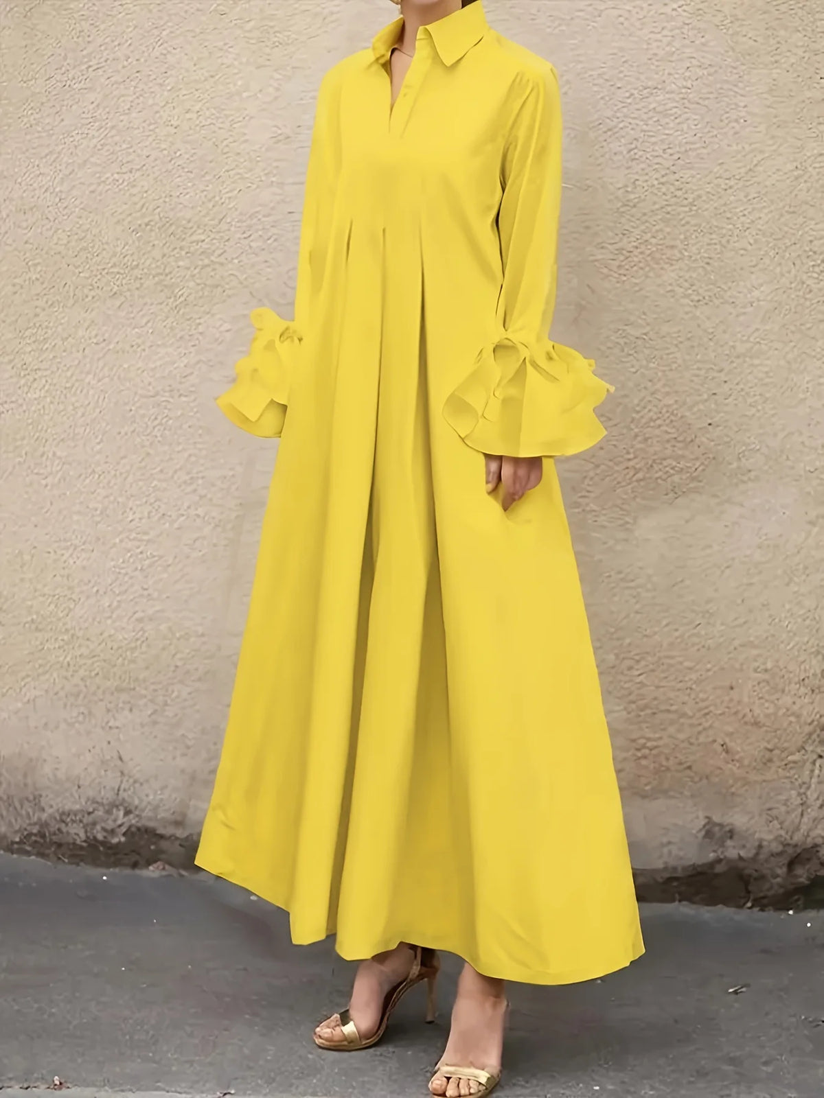 Elegant Women's Autumn Dress Turn Down Collar Solid Flare Sleeve Loose Casual High Street Pleated A-line  Long Dresses 2025