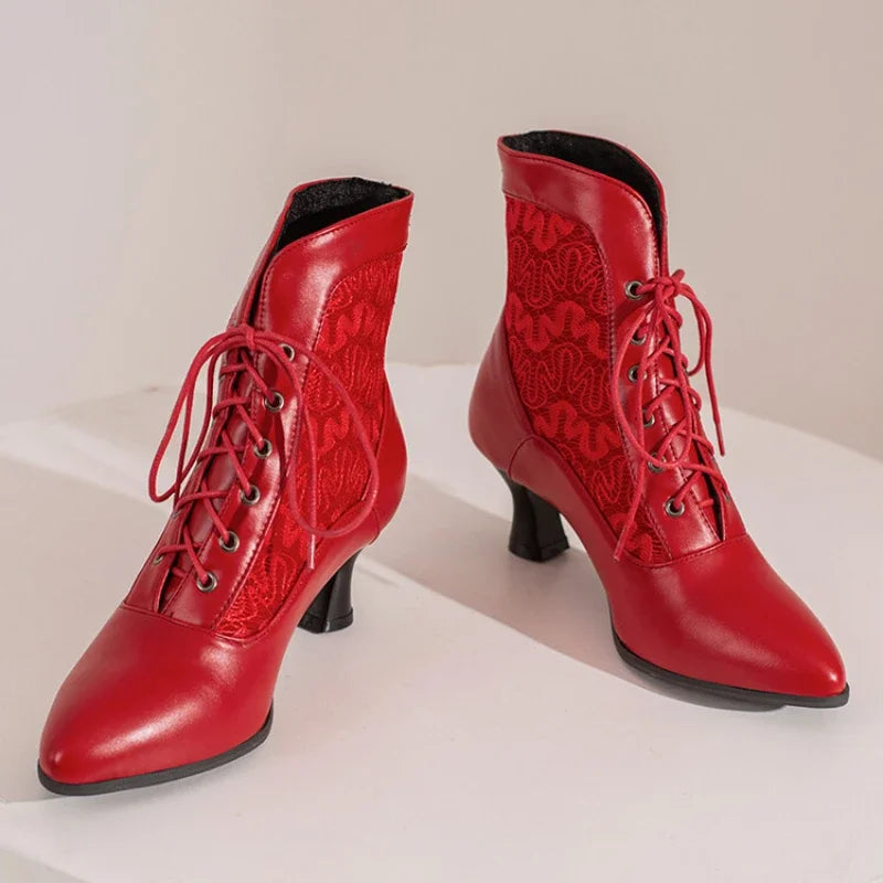 Women Victorian Ankle Boots Leather Lace Heel Shoes for women Fashion Lace Up Spliced Ladies High Heels Woman Boots Ankle 46