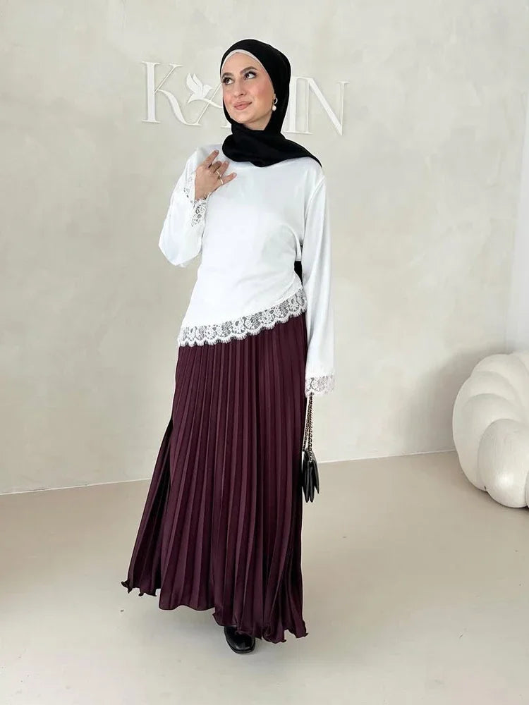 Women Elegant Satin Lace Patchwork Top O-neck Loose Long Sleeves Lace Up Shirt 2026 Female Spring Autumn Lady Chic T-shirt