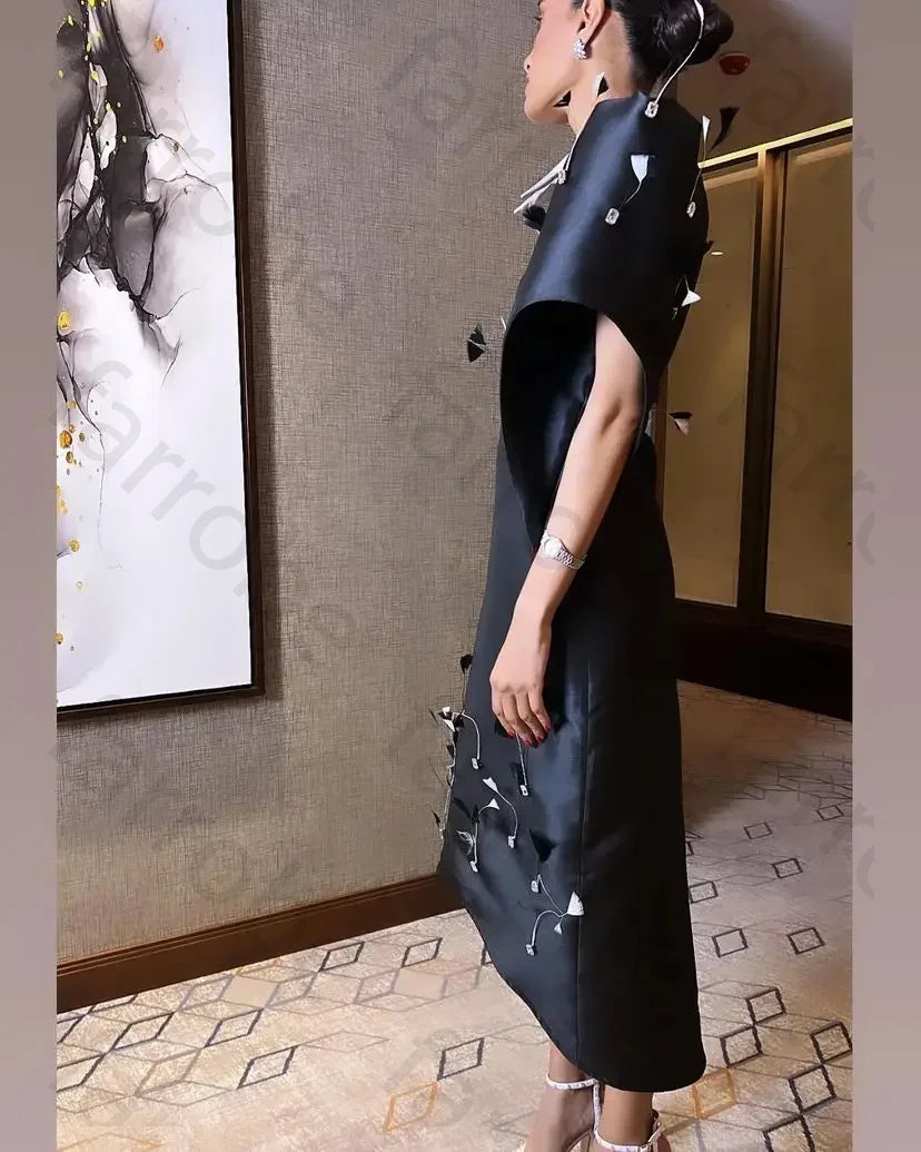 Customized Satin Evening Dresses Saudi Arabic Prom Dresses V Neck Half Sleeves Feathers Asymmetric Women Elegant Party Dress