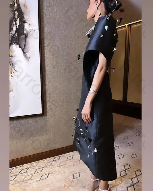 Customized Satin Evening Dresses Saudi Arabic Prom Dresses V Neck Half Sleeves Feathers Asymmetric Women Elegant Party Dress