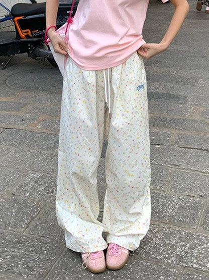 Zoki Stars Print Letter Cargo Pants Women Sweet Fashion High Waist Wide Leg Trousers Casual Loose Preppy Style Female Cute Pants
