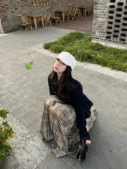 Low Waist Plaid Gingham Pleated  Skirt Korean Style Commute A-Line Long Skirts for Women Spring 2025 Casual Loose Fit