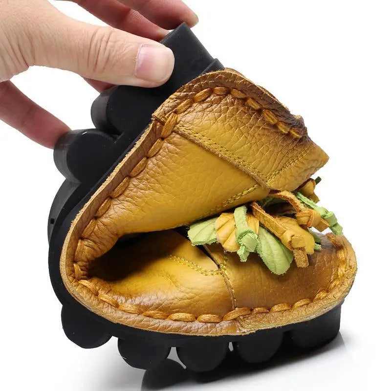 Genuine Leather Ballet Flats Women's Slip On Loafers Vintage Handmade Flower Soft Muffin Platform Casual Walk Dress Shoes Woman