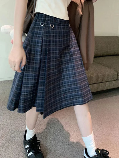 Spring Vintage Plaid Midi Skirt Women High Waist Preppy Style Slim Sweet Pleated Skirts Casual Retro Korean Ins A Line Skirt New