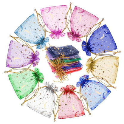 50/100pcs Multiple-sizes Printing Star Moon Organza Sack Drawstring Charm for Jewelry Gifts Display Packaging Bags