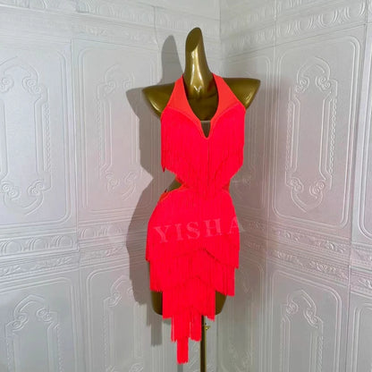 Latin Dance Competition Show Custom Adult Children's Red Fringe Dance Dress Ballroom Rumba Chacha Tango Performance Wear