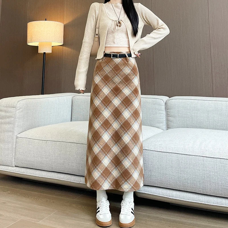 TFETTERS Women Christmas Red Plaid Midi Skirt Autumn Winter Woolen A Line Long Skirt High Waist Vintage Check Straight Skirt