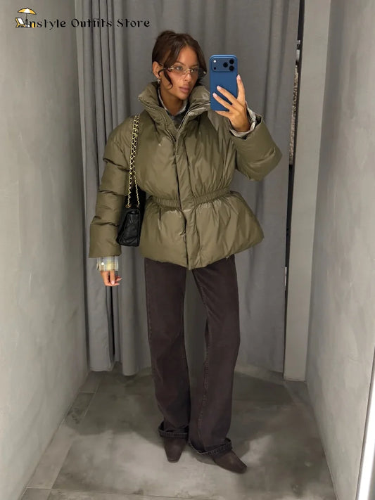 Fashion Glossy Padded Jackets Women's Drawstring Zipper Stand Collar Thicken Coats 2026 New Ladies Winter Solid Color Outwear