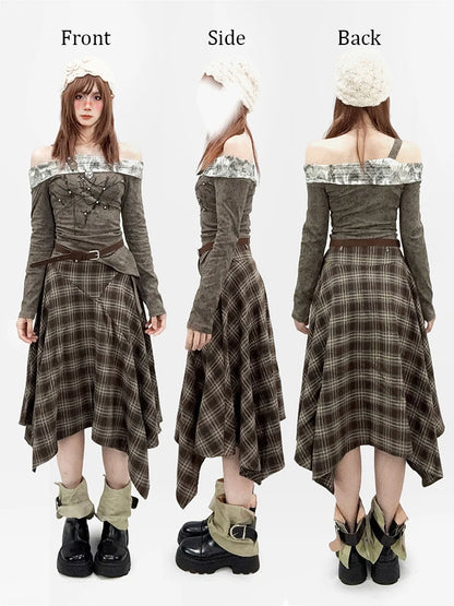 REDDACHiC Off Shoulder T-shirt Skirt Women Set Long Sleeve Top Irregular Ruffle Belted Midi Long Plaid Skirt Alt Vintage Clothes