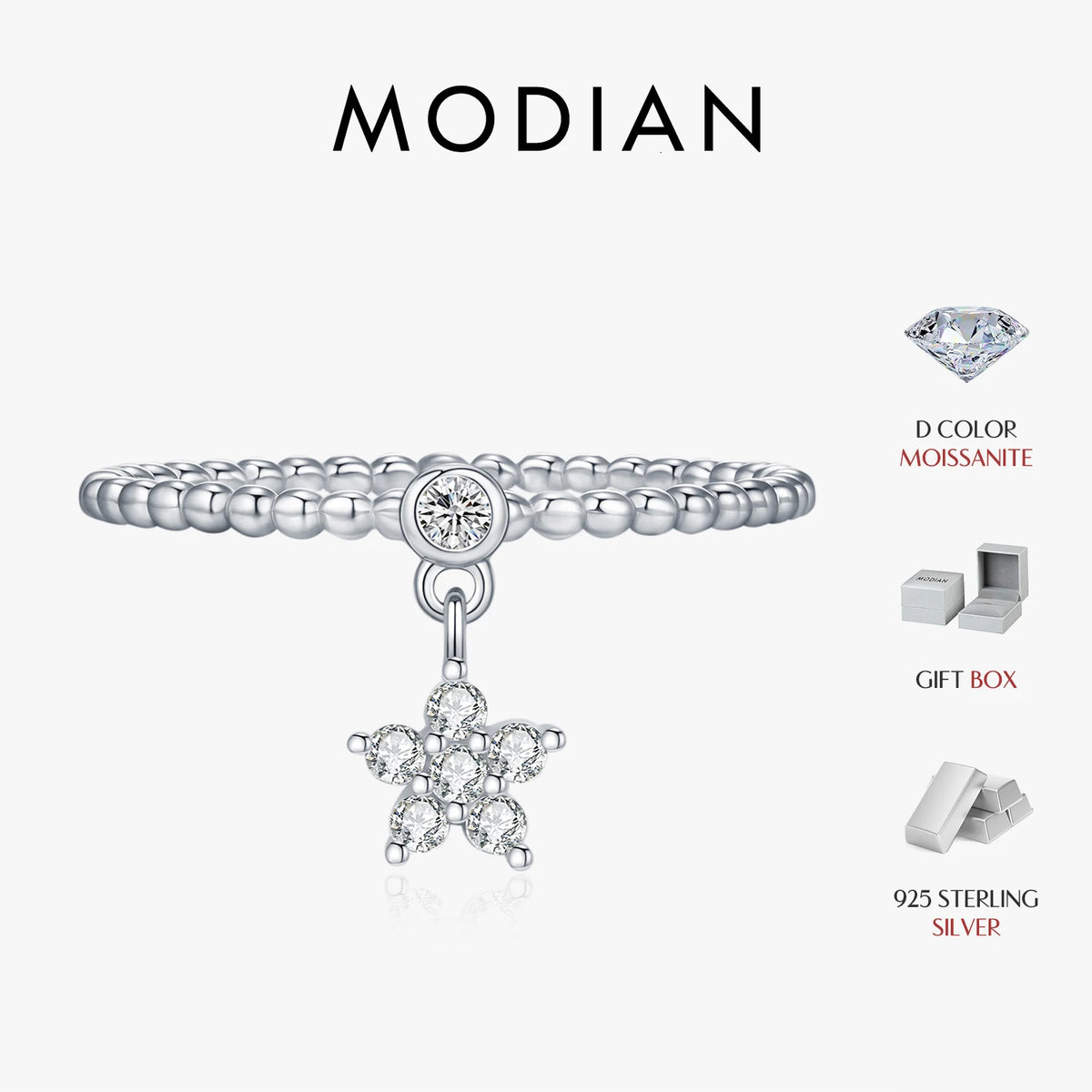 MODIAN D Color Flowers Moissanite Rings 925 Sterling Silver Beads Shiny Stars Swing Pendant Ring For Women Daisy Fine Jewelry