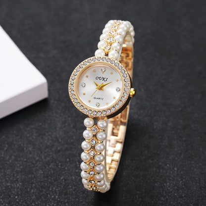 Fashion Women's Watches Ladies Imitation Pearls Alloy Band Analog Quartz Wristwatch Reloj Mujer（Without Box）