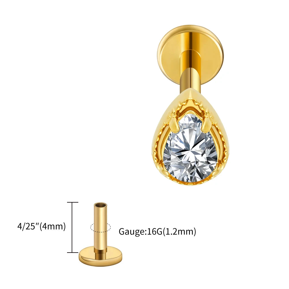 Right Grand ASTM F136 Titanium Teardrop CZ Cartilage Earring Threaded Labret Stud 16G Tiny Pear CZ Helix Conch Earlobe Piercing