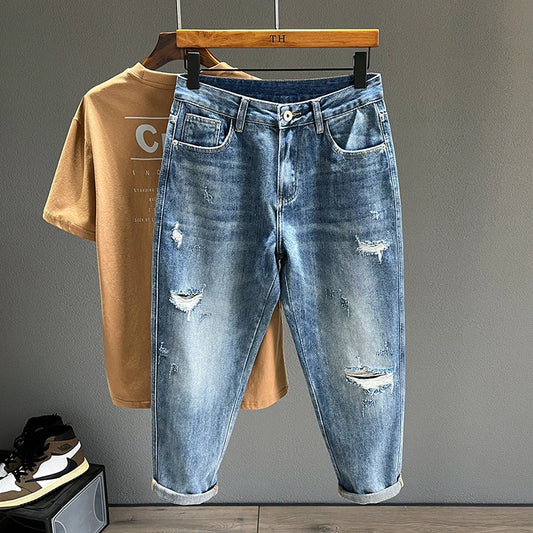 Ripped Jeans Men New Personality Fashion Vintage Blue Streetwear Baggy Denim Pants Casual Tapered Hole Frayed Trousers Male