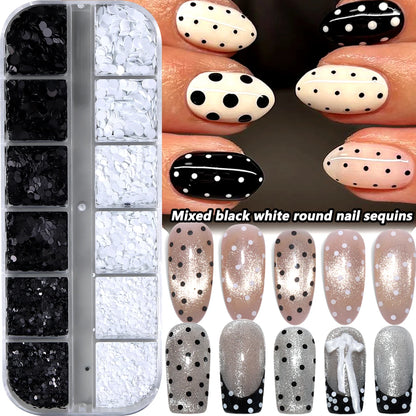 Black and White Polka Dot Glitter Nail Art Accessories, Retro Floral Patchwork Glitter Nail Art, DIY Versatile Round Dot Glitter