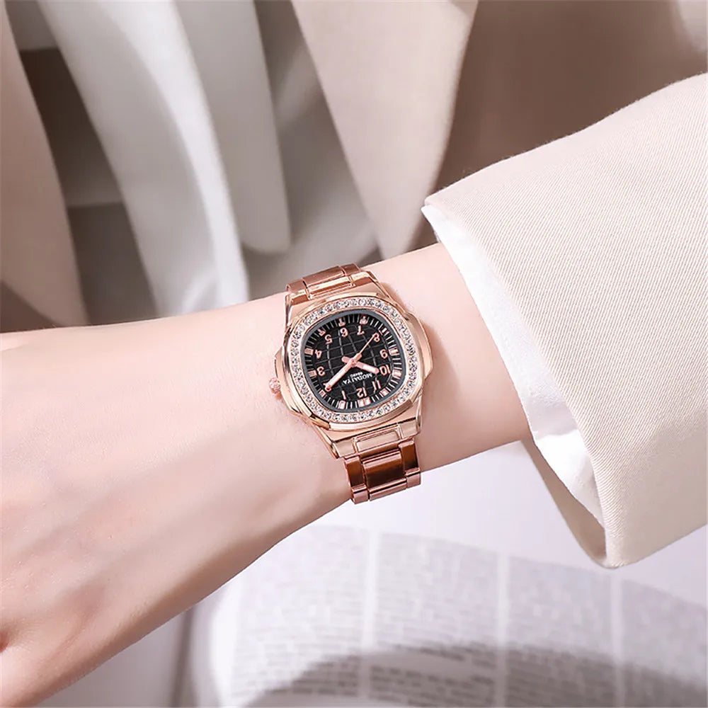 Luxury Ladies Digital Diamond Studded Quartz Watch Fashion 2025 New Rose Gold Stainless Steel Strap Women's Dress Clock Watches