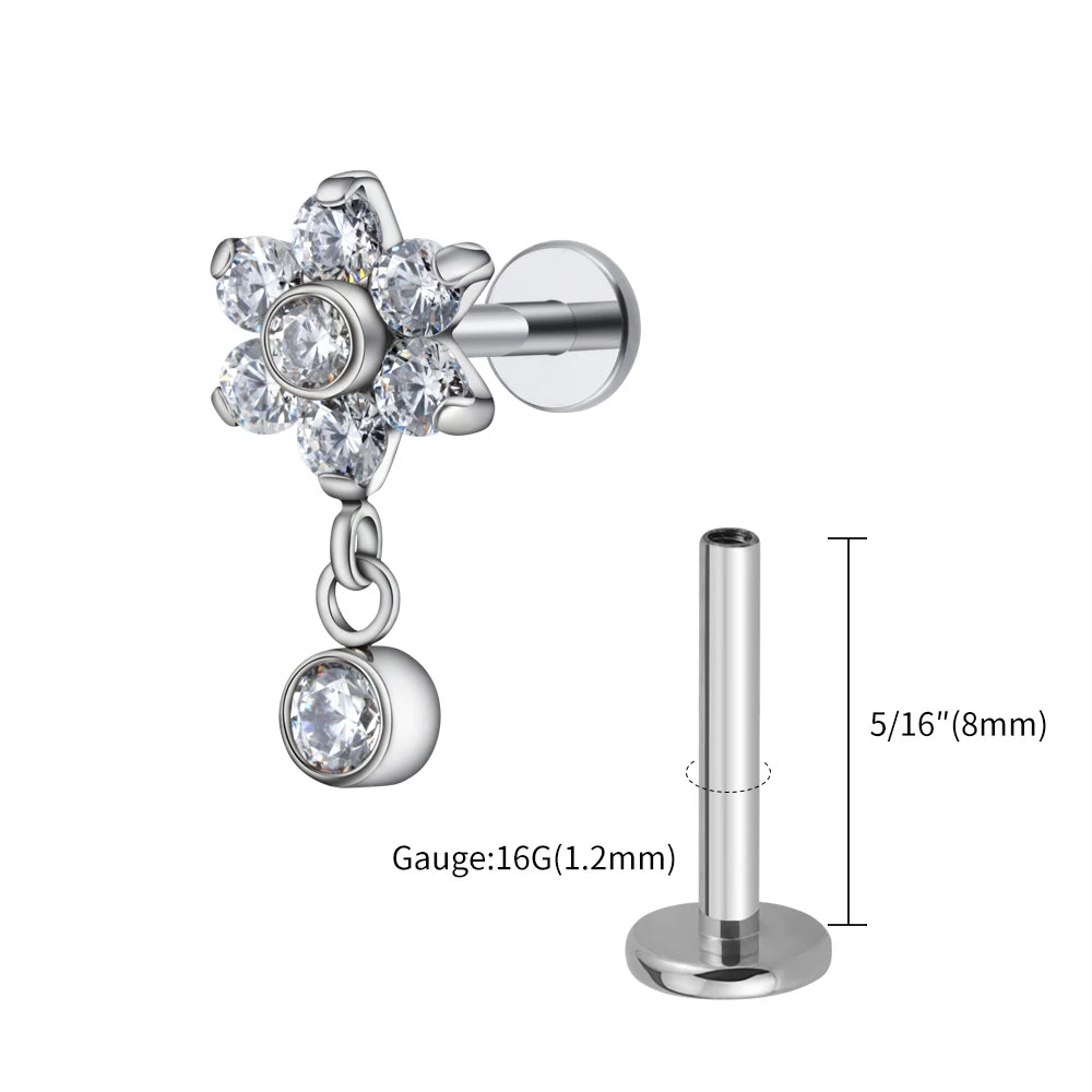 Right Grand ASTM F136 Titanium 16G Flower CZ Drop Dangle Flat Earring Tragus Helix Lobe Stud Piercing Jewelry