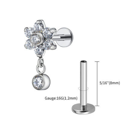 Right Grand ASTM F136 Titanium 16G Flower CZ Drop Dangle Flat Earring Tragus Helix Lobe Stud Piercing Jewelry