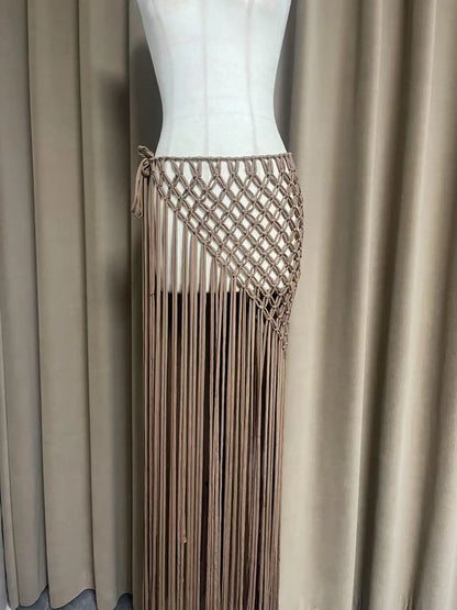 Beachapche Hand Crochet Tassel Skirts Women Fashion Sexy Side High Knitted  Beach Cover Ups