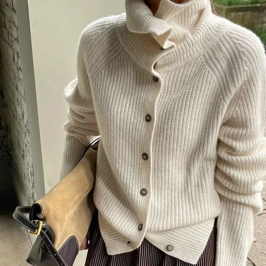 Korean Style High Neck Knitted Cardigans Vintage Casual Single Breasted Sweater Chic Solid Color Long Sleeved Knitwear Tops