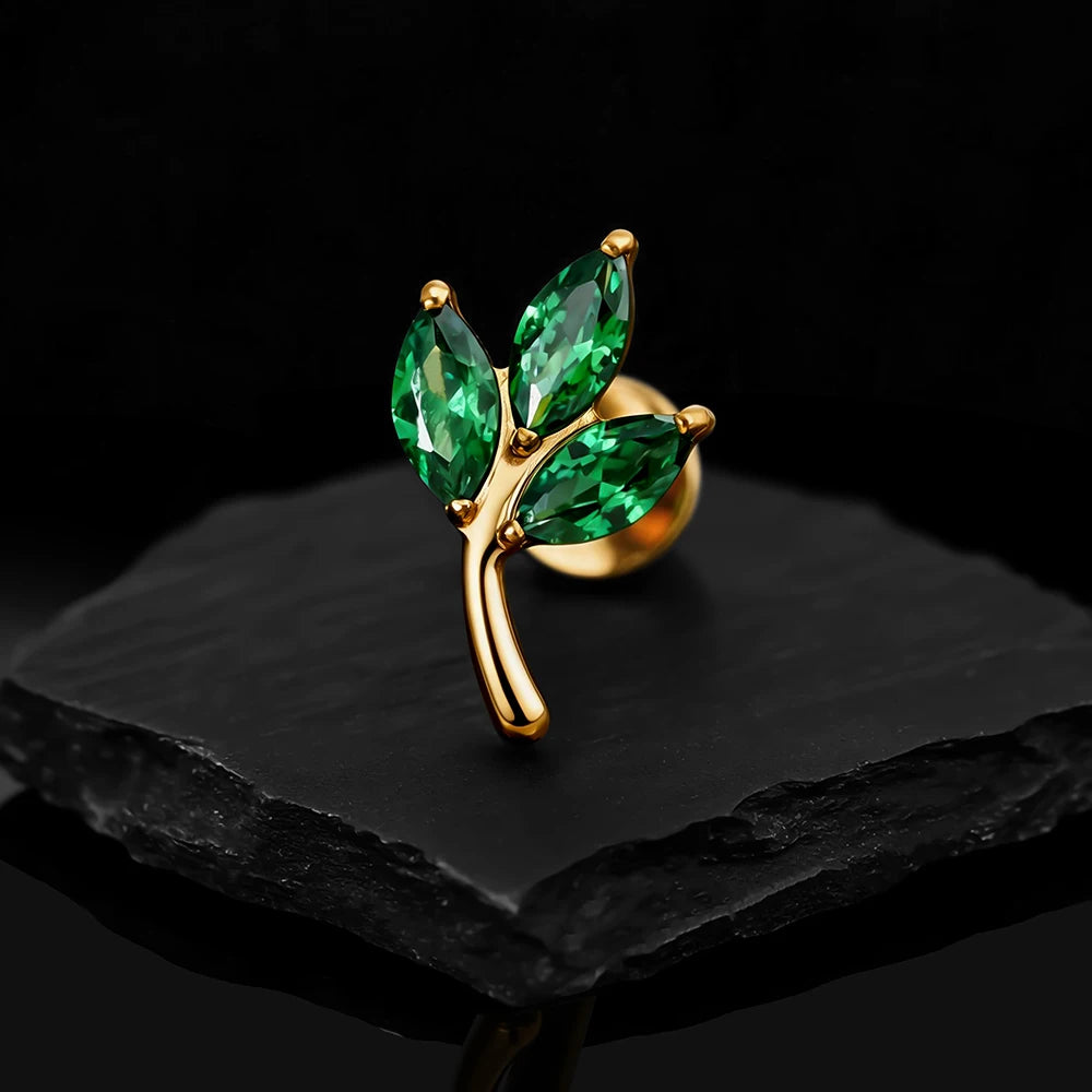 Right Grand ASTM F136 Titanium Triple Marquise CZ Cartilage Earring 16G Dainty Leaf Helix Tragus Stud Ear Piercing Jewelry