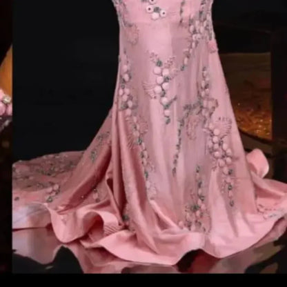 Pink Mermaid Evening Dress Flower Embroidery Long Sleeve Ball Party Dress Luxury Women's Birthday Dress Customization