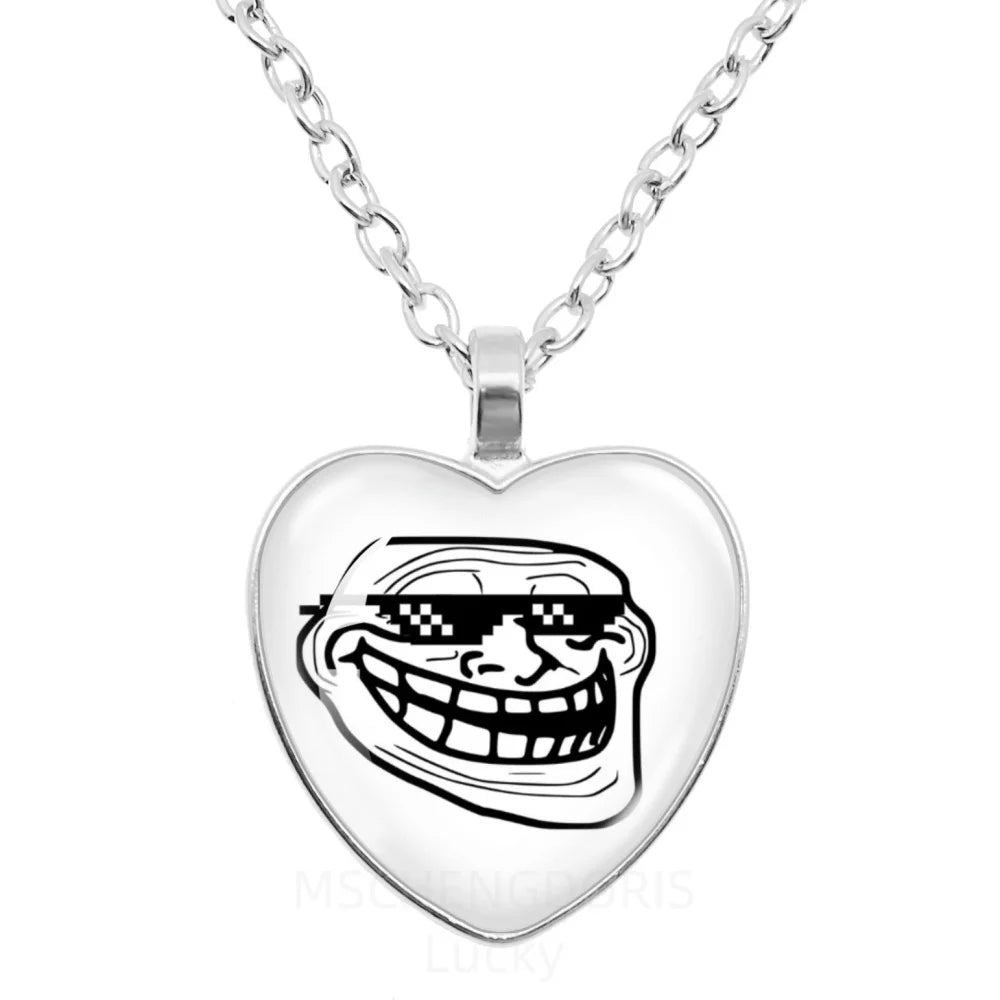 Rage Comic Necklace Derp Face Trollface Funny Meme Cartoon Glass Heart Shape Pendant Chain Necklace Charm Jewelry Collect Gift