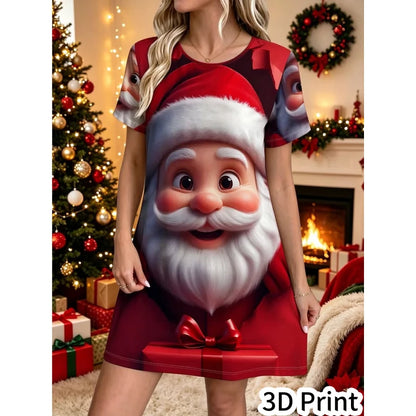 3D Fun Santa Claus Printed New Year Party Dress Women's Short Sleeve Round Leader Casual Loose Mini Dress Vestidos De Mujer