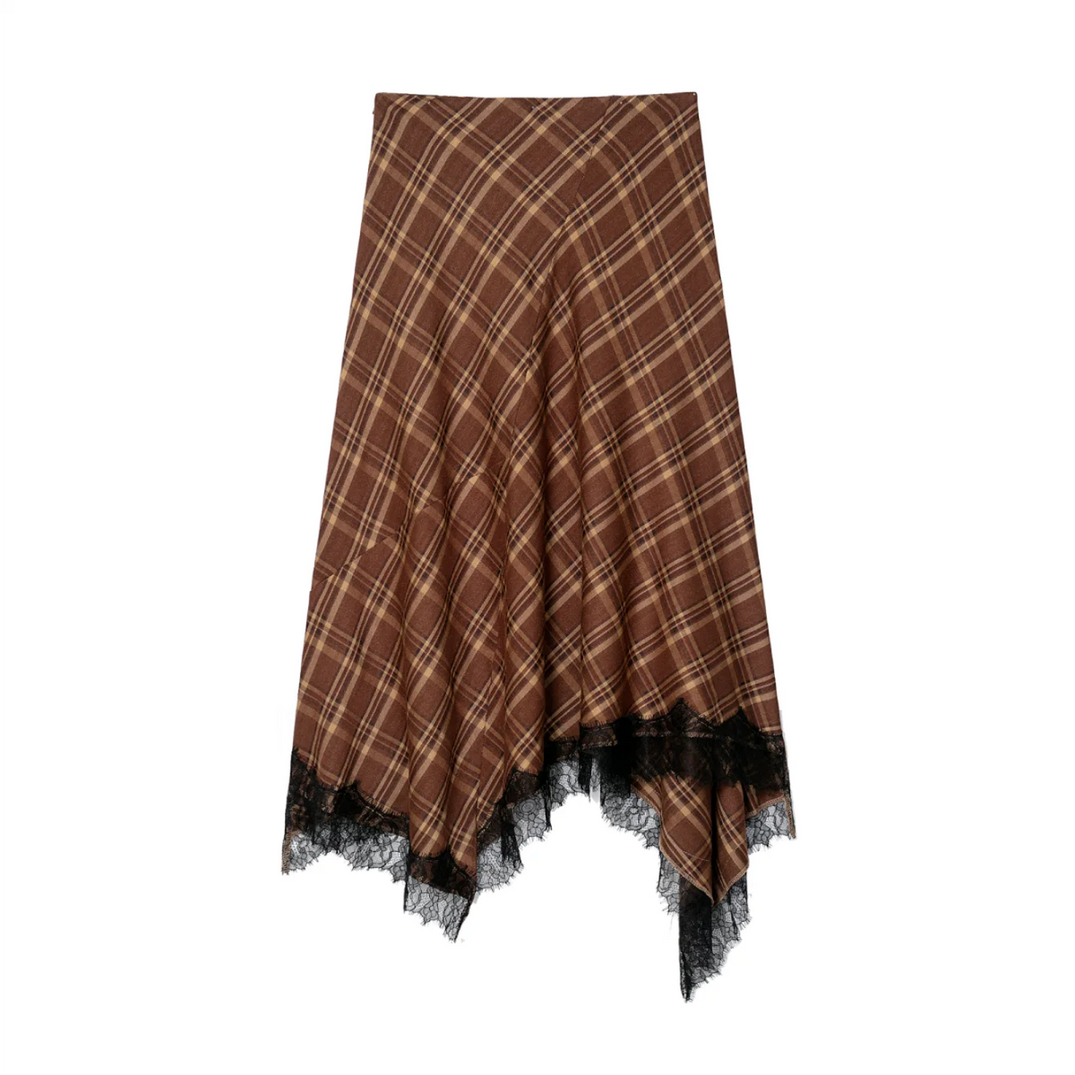 Spring Summer Women's Plaid Asymmetry Skirts Female Vintage  Skirts Chic Lace Splice Midi Skirts Lady Casual Ruched Skirt