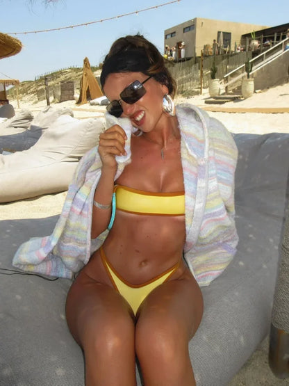 2026 Women Pastel Gradient Striped Hooded Knit Cardigan Loose Open Front Beach Cover-up For Seaside Vacation Leisure Daily Wear