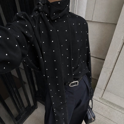 Elegant Women's Polka Dot Scarf Neck Blouses Long Sleeve Loose Shirts 2026 New Casual Commute Office Lady Tops White Black Brown