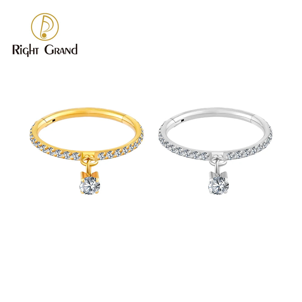 Right Grand ASTM F136 Titanium Round CZ Drop Helix Hoop Ring 16G Dangle Charm Segment Conch Clicker Cartilage Piercing Jewelry