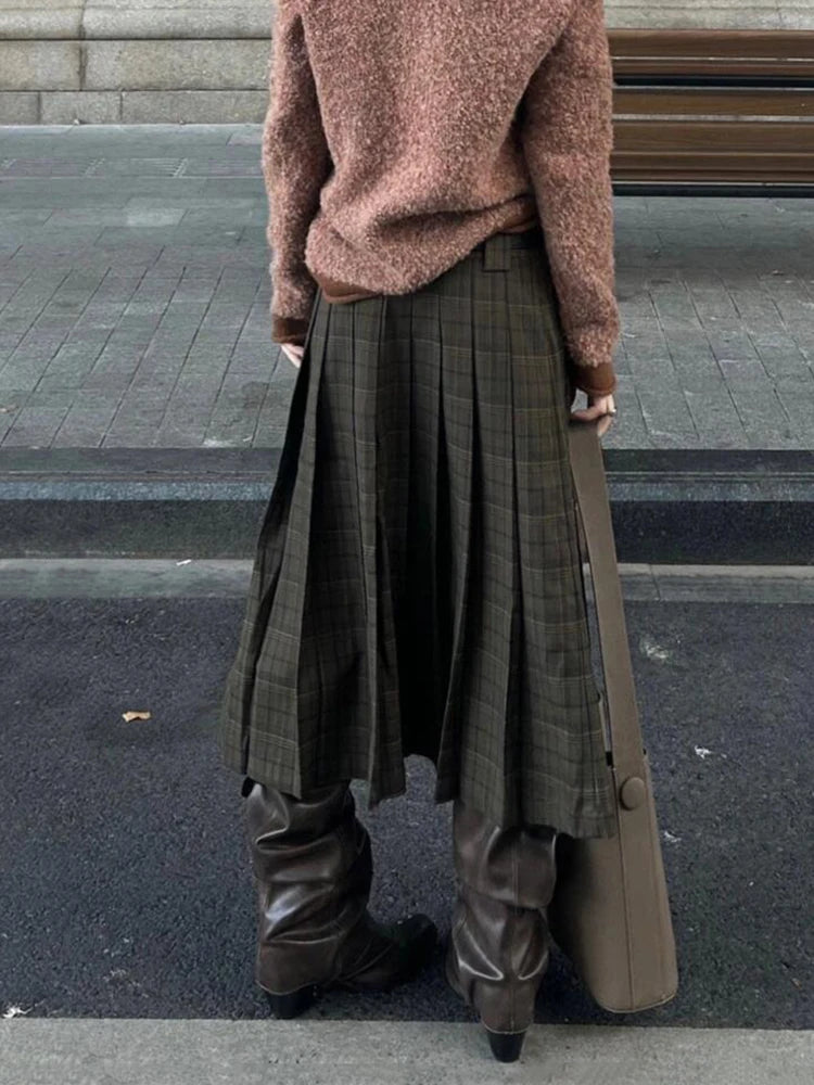 PBAP Fall Trendy Women Plaid Midi Long Skirt Green Tartan High Rise Thick Draped A-line Plaid Pleated Skirt Retro Y2k Streetwear