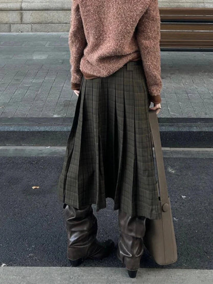 PBAP Fall Trendy Women Plaid Midi Long Skirt Green Tartan High Rise Thick Draped A-line Plaid Pleated Skirt Retro Y2k Streetwear