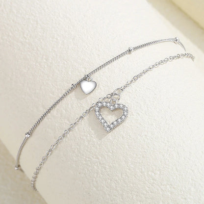 New Fashion 925 Sterling Silver Heart Rhinestone CZ Pendant Double Layer Anklets Women Jewelry Summer Zircon Foot Chain Bracelet