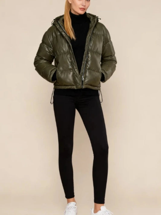 Women's Olive Green Cropped Puffer Jacket