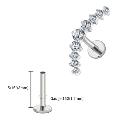 Right Grand ASTM F136 Titanium Arc CZ Cluster Labret Curved Bar Flat Back Stud Earring Helix Cartilage Conch Piercing Jewelry