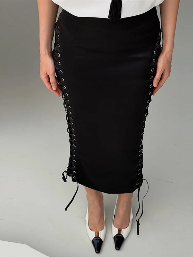 Women's Midi Skirt High Waist Side Lace‑Up Midi Skirt Bodycon Tie Adjust Hip Fitted Skirt City Date Going Out 2026 New For Women