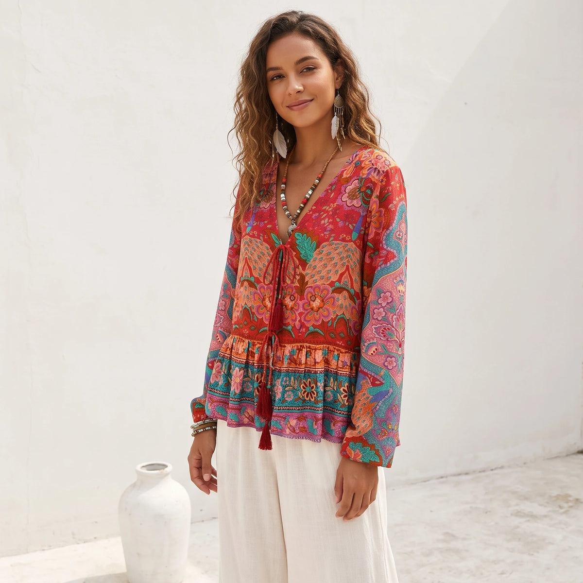 Happie Queens Women Birds Floral Printed Long Sleeve Bohemian Blouse Shirts Ladies Rayon V-neck Tops Cover-ups