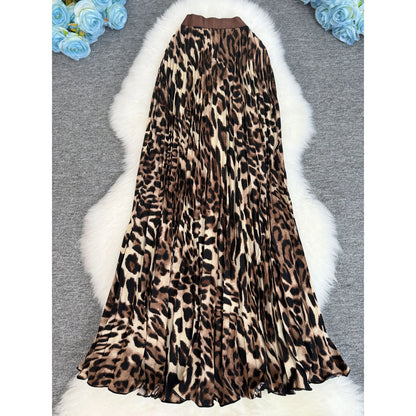 Polka Dot Print High Elegant A-line Pleated Long Skirt For Women 2025 Spring autumn Office Lady Casual Leopard Skirts