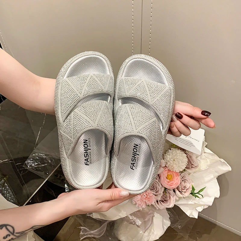 Fashion Flat Sandals Summer New Round Head Open Toe Crystal with Waterproof Table Anti-slip Wear-resistant Slippers