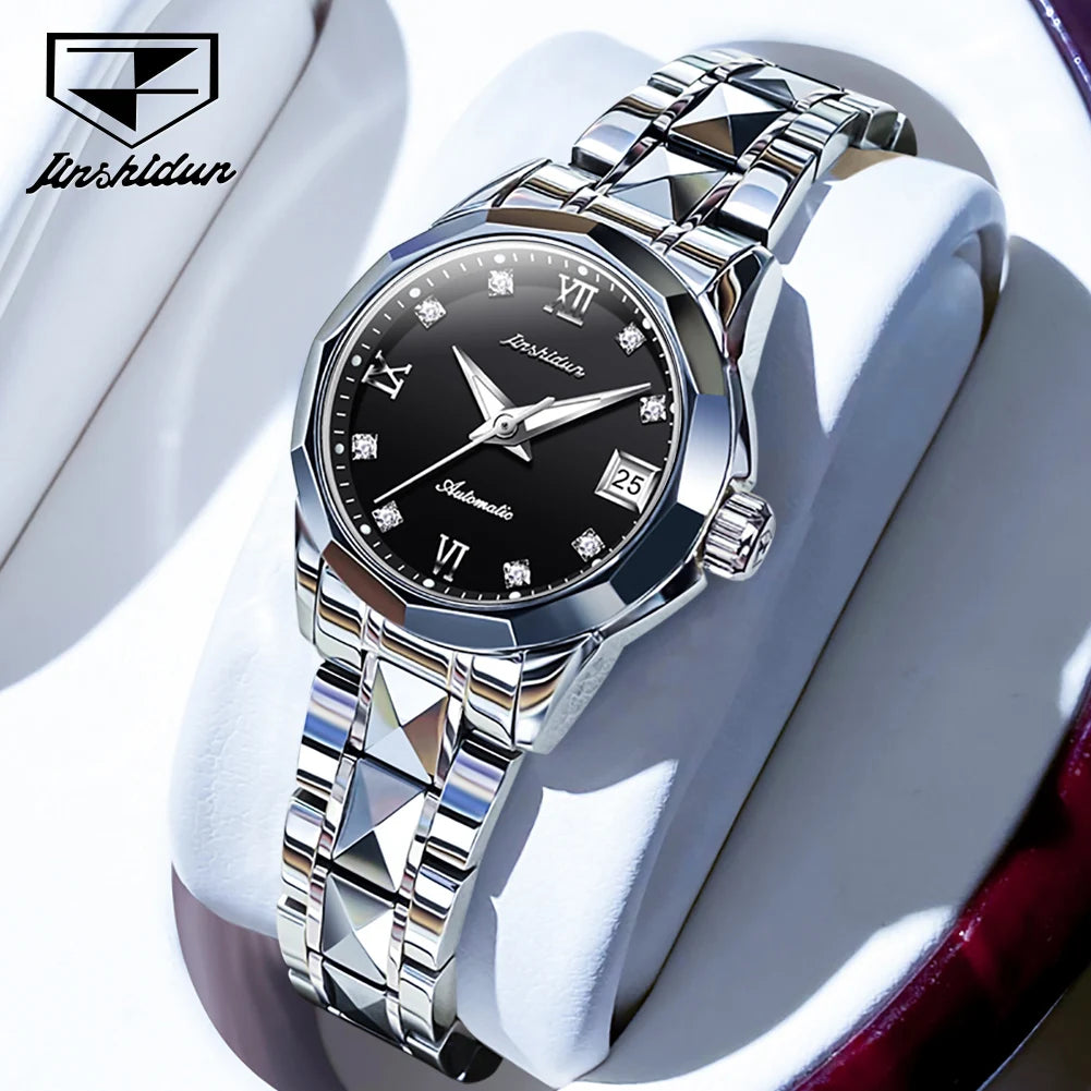 JSDUN Women's Watches Luxury Fashion Tungsten Steel Strap Sapphire Mirror Original Automatic Mechanical Wristwatch for Lady Date